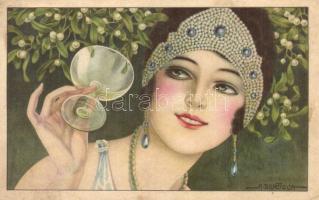 Lady with mistletoe, Italian art postcard, CCM No. 2523. s: A. Bertiglia (EK)