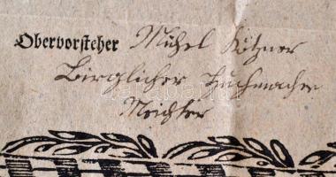 1850 Az eszéki kalapgyártó céh mesterlevele a város rézmetszetű képével. Szép állapotban.  / Guild w...