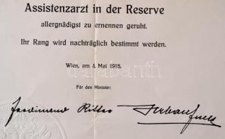 1915 Tartalékos katonaorvosi kinevezés címeres szárazpecséttel / Appointment for military doctor wit...