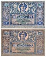 1919. augusztus 9. 20K (2x) egyik színhiányos T:II-,III szép papír  / Hungary 9th August 1919. 20 Korona (2x) one missing some color C:VF,F nice paper Adamo K20, K20h