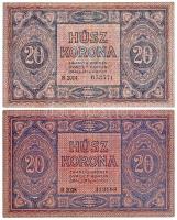 1919. augusztus 9. 20K (2x) egyik színhiányos T:II-,III szép papír 
/ Hungary 9th August 1919. 20 K...