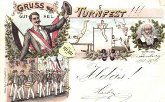1898 Gruss vom Gut-Heil. Turnfest! Vater Jahn / German Gymnastics Festival advertisement art postcard. Philipp Frey & Co. floral, litho (tear)