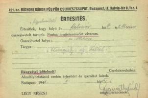 1943 A mi törvényünk; hátoldalon figyelmeztető értesítés kötelező összejövetelre. 421. sz. Báthori G...