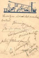 Cserkészek főznek. Kiadja a Cserkészbolt; érdekes aláírások a lapon / Hungarian boy scout art postcard, cooking scouts. s: Márton L. (fa)