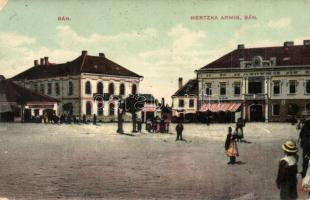 Bán, Trencsénbán, Bánovce nad Bebravou; Fő tér, Hertzka Ármin üzlete / main square with shops (fa)