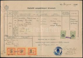 1945 Szeged 100P hármascsík, benne szembefordult pár. Városi illetékbélyegek anyakönyvi kivonaton / City document stamps with inverted pair