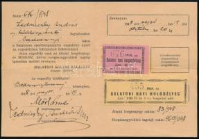 1948 Balatoni horgászengedély horgászbélyeggel és mólóbélyeggel / Fishing licence with fishing and pier stamp
