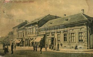 1914 Losonc, Lucenec; Kossuth Lajos utca, Molnár János üzlete, Bicskei Zoltán Könyvnyomda és papírüzlet. Kiadja Redlinger / street view with shops (EK)
