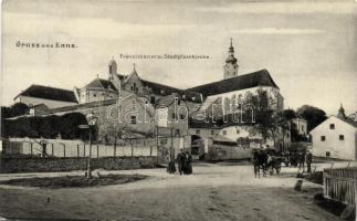1909 Enns, Franziskaner und Stadtpfarrkirche. Photographie und Verlag v. E. Prietzel / Franciscan church and parish church, street view, horse-drawn carriage.