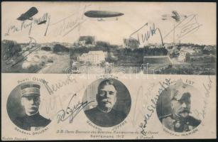 1912 A repülés hőskorszakának francia legnagyobbjai. Összesen 11 híres repülős aláírását tartalmazó képeslap / 1912 Heroes of the aviation. 11 French aviaticans signatures on postcard.