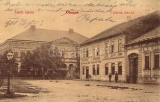 1910 Óbecse, Stari Becej; Szerb iskola, Vadászkürt szálloda. Lévai Lajos 620. / Serbian school, Hotel Jager Horn, shop (fa)