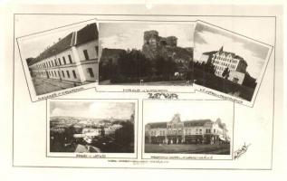 1938 Léva, Levice; Kasaren, Hrad, Ustav, Pohled, Mestsky hotel / Kaszárnya, várrom, tanítóképző, látkép, városi szálloda, Kertész Lajos, Holzmann Bódog üzlete. Foto Nagy felvétele / military barracks, castle ruins, teachers school, general view, hotel, shops + Léva visszatért So. Stpl. (EKÖ