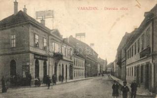 Varasd, Warasdin, Varazdin; Dráva utca,  Leitner és Schwarz üzlete / Dravska ulica / street view with shops (EK)