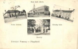 1908 Pozsonypüspöki, Püspöki, Bischdorf, Biskupice pri Dunaji, Podunajské Biskupice (Pozsony, Bratislava);  Posta és távirda hivatal, Római katolikus iskola, Községháza, Kastély / post and telegraph office, Catholic school, town hall, castle (EK)