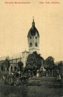 1909 Szinérváralja, Seini; Római katolikus templom, emlékmű, lovaskocsi. W.L. 2380. / Roman Catholic church, monument, horse cart (szakadás / tear)