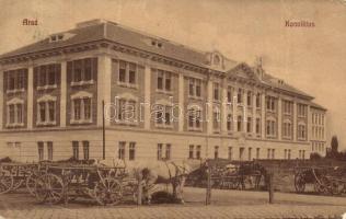1904 Arad, Konviktus, lovaskocsik. Krausz Paulin kiadása 977. / boarding school, horse carts (fa)