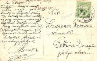 Petrozsény, Petrosani; Piac tér, piaci árusok, bódék, templom, üzletek. W. L. Bp. 5368. / market squ...