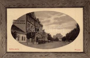 1910 Szolnok, Piac tér, Nemzeti szálloda és kávéház, Faragó Sándor papírkereskedése és saját kiadása (fl)
