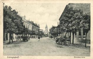 Beregszász, Berehove; Bocskay utca, templom, lovaskocsi / street view, church, horse-drawn carriage (kopott sarkak / worn corners)