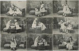 1910-1911 Bárány Creme - Magyar krém reklámlap sorozat kislányokkal - 9 lappal; szappan, hajifjító, hajszőkítő, hajszesz, hajpetrol, szájvíz, fogpor, fogolaj, fogcsepp, fluid és sósborszesz, fagybalzsam és tyúkszemirtó / Hungarian cream advertisement postcard series with 9 postcards; soap, hair and dental care products, anti-corn cream