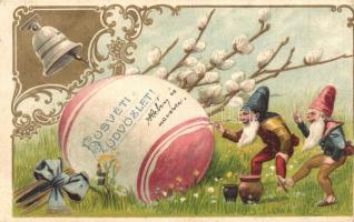 Húsvéti üdvözlet törpékkel / Easter greeting card with dwarves painting an egg. litho (Rb)