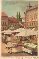 1904 Zagreb, Zágráb, Agram; Jelacicev trg. / fruit and vegetable market. Kuenstlerpostkarte No. 1764. von Ottmar Zieher, litho s: Raoul Frank