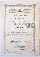 Révfülöp 1872. Zala-Somogyi Balaton Gőzhajózási Társaság névre szóló részvénye 50Ft-ról szelvényekkel, szárazpecséttel és bélyegekkel T:III / Hungary / Révfülöp 1872. Zala-Somogyi Balaton Gőzhajózási Társaság (Zala-Somogy Balaton Steamship Company) share with the shareholders name about 50 Forint with coupons, embossed stamp and stamps C:F