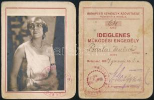 1927 Budapesti Színészek Szövetségének fényképes, ideiglenes működési engedélye, fizetési bélyegekkel, ketté szakadt.