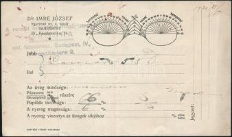1921 Bp., Dr. Imre József látszerész által kiállított szemészeti vizsgálati lapja
