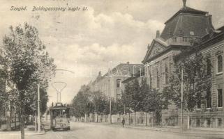 1913 Szeged, Boldogasszony sugárút, villamos az Apolló színház reklámjával. Juhász István kiadása (EK)