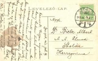 1913 Szeged, Boldogasszony sugárút, villamos az Apolló színház reklámjával. Juhász István kiadása (E...