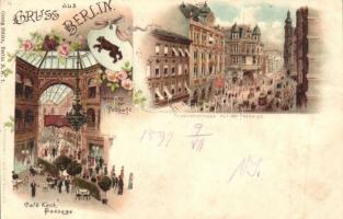 1899 Berlin, Café Keck-Passage, Inneres der Passage, Friedrichstrasse / Arcade, street, cafe, interior. Floral, litho (fa)