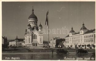 Kolozsvár, Cluj; Hitler Adolf tér, Országzászló, Ortodox katedrális, Gyógyszertár, automobilok / square, Hungarian flag, Romanian Orthodox cathedral, pharmacy, automobiles. Bogdán photo