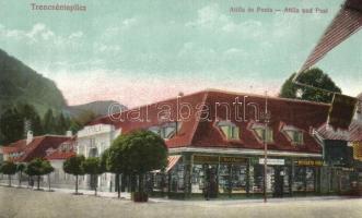 Trencsénteplic, Trencianske Teplice; Attila szálloda és a Posta hivatal, Muskáth Miksa, Ondreicska üzlete. Ondreicska Fábián saját kiadása / hotel, post office, shops