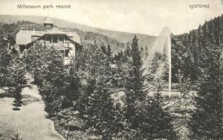 Iglófüred, Bad Zipser Neudorf, Kúpele Spisská Nová Ves; Millenium park és a szálloda, szökőkút. Kiadja Ferencz D. / park, hotel, fountain