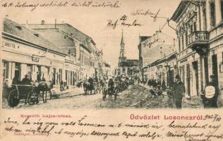 1902 Losonc, Lucenec; Kossuth Lajos utca, Református templom, vigadó, Herz Adolf és fia üzlete / street, church, redoute, shops