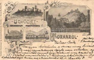 1902 Torna, Abaúj-Torna, Turnau, Turna nad Bodvou; Tornai vár, kastély, Megyeháza, Városháza. Kapható Steinberger Ig. / castle ruins, county hall, town hall. Storch E. floral, Art Nouveau (fl)