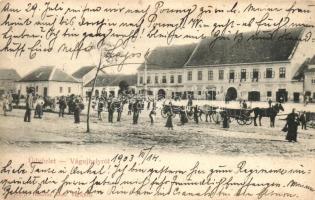 1903 Vágújhely, Neustadt an der Waag, Nové Mesto nad Váhom; Fő tér, Takarékpénztár, üzletek. Kiadja Horovitz Adolf / main square, savings bank, shops (b)