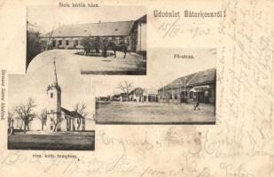 1903 Bátorkeszi, Bátorove Kosihy, Kesy; Fő utca, Római katolikus templom, Stein bérlők háza, Strausz Samu üzlete és saját kiadása / main street, church, shop