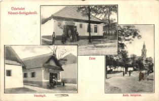 Németszőgyén, Németszőlgyén, Szőgyén, Nemecky Seldín; Katolikus templom, vendéglő bor, sör és pálinka méréssel, Kellner Márkusz vegyeskereskedése és saját kiadása / church, restaurant, shop