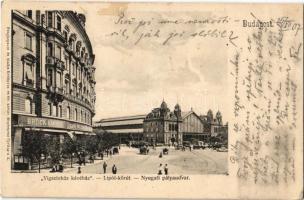 1907 Budapest VI. Nyugati pályaudvar, vasútállomás, Brück Károly Café Vígszínház kávéháza, villamos. Fényképezte és kiadja Erdélyi cs. és kir. udvari fényképész
