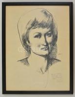 László Gyula (1910-1998): Női portré. Tus, papír, jelzett, üvegezett keretben, 37×28 cm