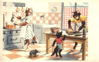 Cooking cats, humorous art postcard, AD 3026. (EK)