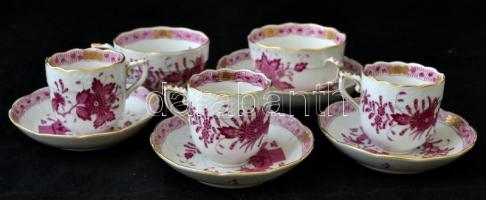 Herendi Indiaikosár mintás mokkás és csésze, csészealjakkal (egy hiányzik, kézzel festett, jelzett( ...