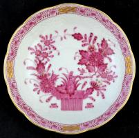 Herendi Indiaikosár mintás mokkás és csésze, csészealjakkal (egy hiányzik, kézzel festett, jelzett( ...