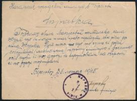1945 Orosz nyelvű katonai igazolás a beregszászi katonai parancsnokság által kiállítva, pecséttel.