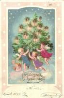 1899 Boldog Karácsonyt! / Christmas greeting card with Christmas tree and angels. Emb. litho (EK)