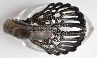 Ezüst(Ag) hattyú formájú fűszertartó, csiszolt üveg aljjal,  jelzett, ezüst (Ag.) fűszerkanállal, 9×...