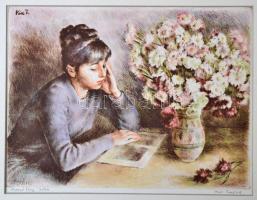 Kiss Terézia (1928- ): Olvasó lány. Színezett rézkarc, papír, jelzett, paszpartuban, 29×40 cm