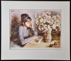 Kiss Terézia (1928- ): Olvasó lány. Színezett rézkarc, papír, jelzett, paszpartuban, 29×40 cm
